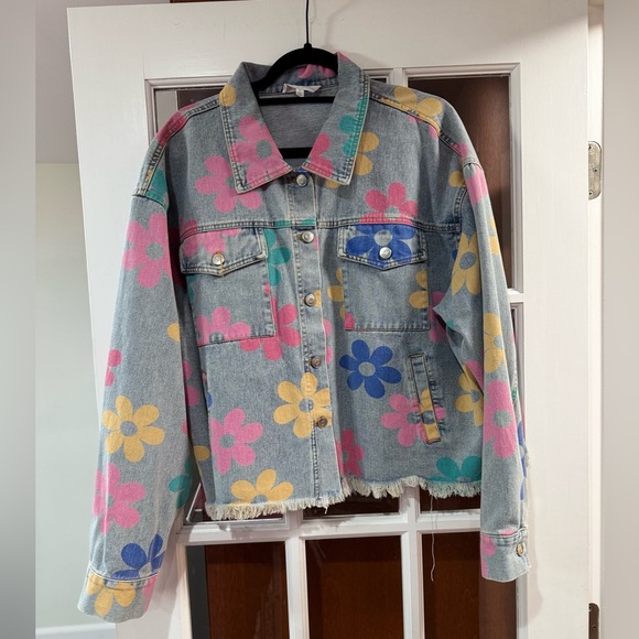 Peach Love California Jackets & Blazers - Peach Love Colorful Floral Denim Jacket with Frayed Hem